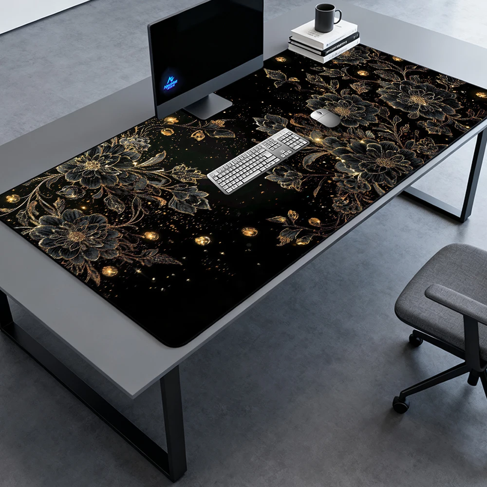 Floral Desk Pad Large Mousemat 1400x600 Elegant Black Gold 5mm Giant Gaming 1600x600 Luxury Aesthetic Accessories