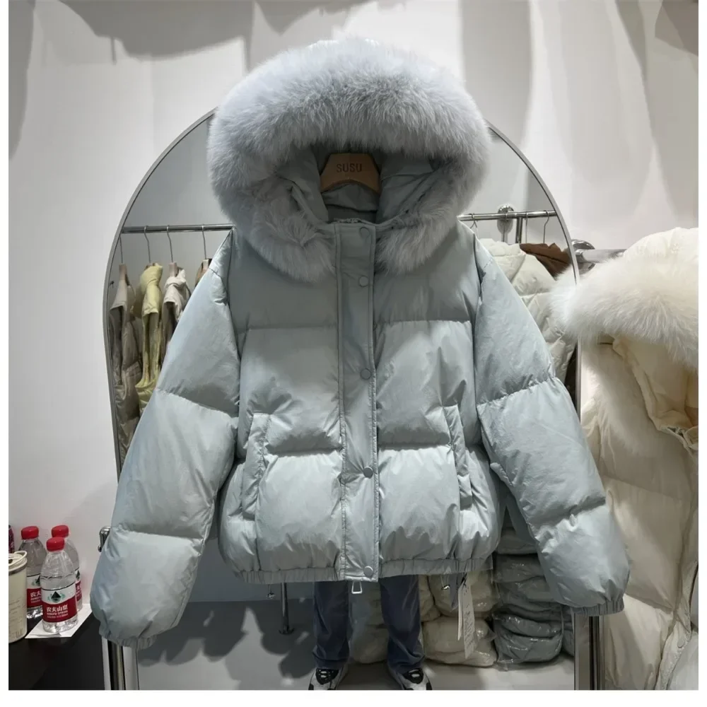 White Duck Down Jackets Female Women Real Big Fur Collar Hooded Fur Coats Puffer Jacket Fashion Winter Ladies Loose Overcoats