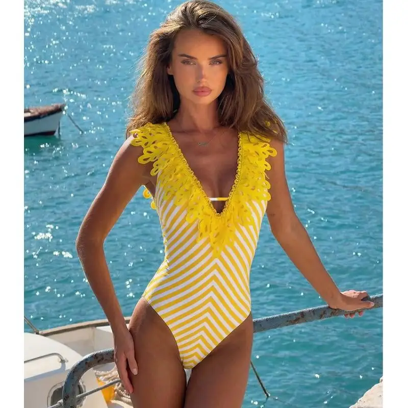 Flaxmaker Party Swimsuit Set(s) Women Openwork Lace Yellow Stripes Printed Bodysuit Femme Summer Sexy V Neck Casual Beachwear