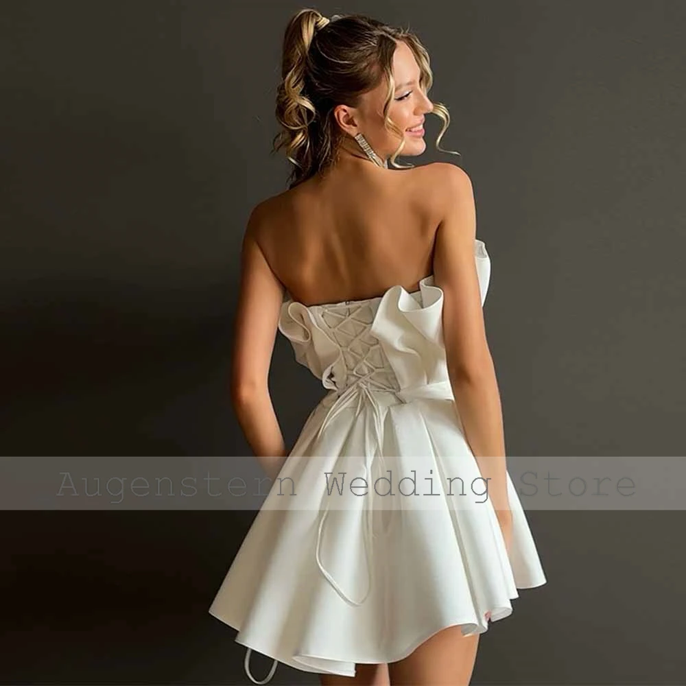 Classy Wedding Guest Dresses 2026 Satin A-line Ivory Strapless Ruched Belt Lace-up Women's Wedding Dresses Mini