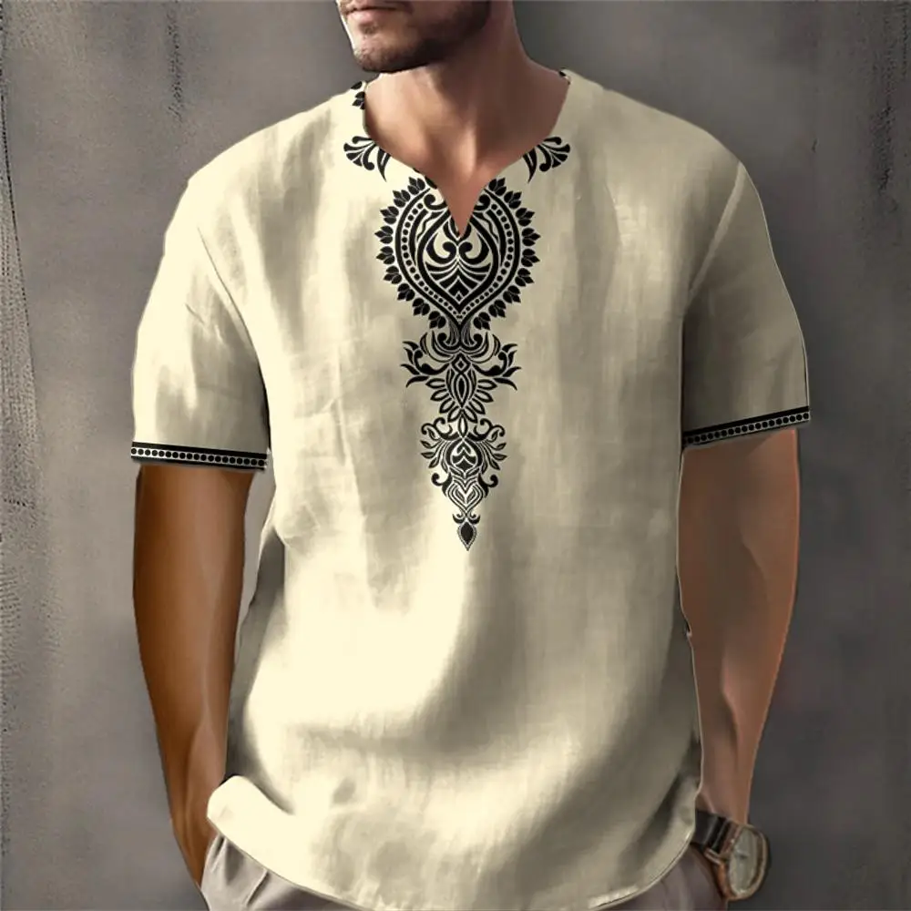 Vintage T-shirt For Men African Traditional Ethnic Style Print T-shirt Loose V-Neck Short Sleeved Tee Oversized Men Clothing Top