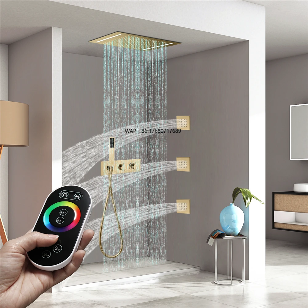 Brushed Golden Wall Mount Hot&Cold Water Bathroom Shower Faucet Set with Ceiling Embedded Rain 500x360mm Shower Head