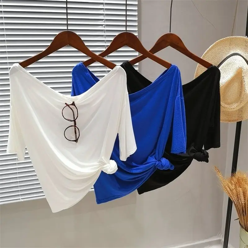 

Summer New Off Shoulder Thin Loose T Shirts Short Sleeve Solid Color Simplicity Casual Tops Tees Fashion Sexy Women Clothing