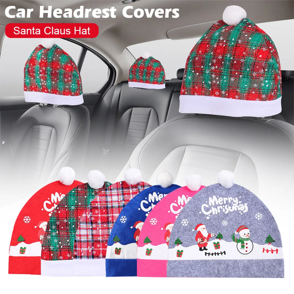 

1Pair 2025 New Christmas Car Seat Headrest Cover Cute Car Seat Christmas Hat Cap Car Decoration