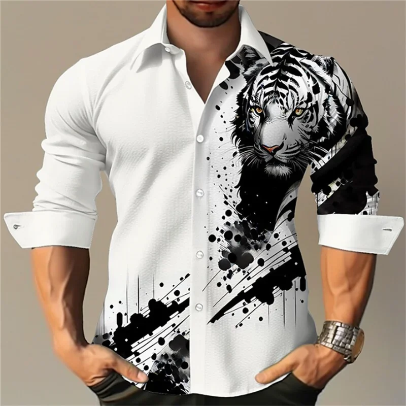 2023 Fashion Lapel Shirt Striped Plaid Blue Green Shirt Tiger Totem Black White HD Pattern Cuban Broken Collar Fashion Popular