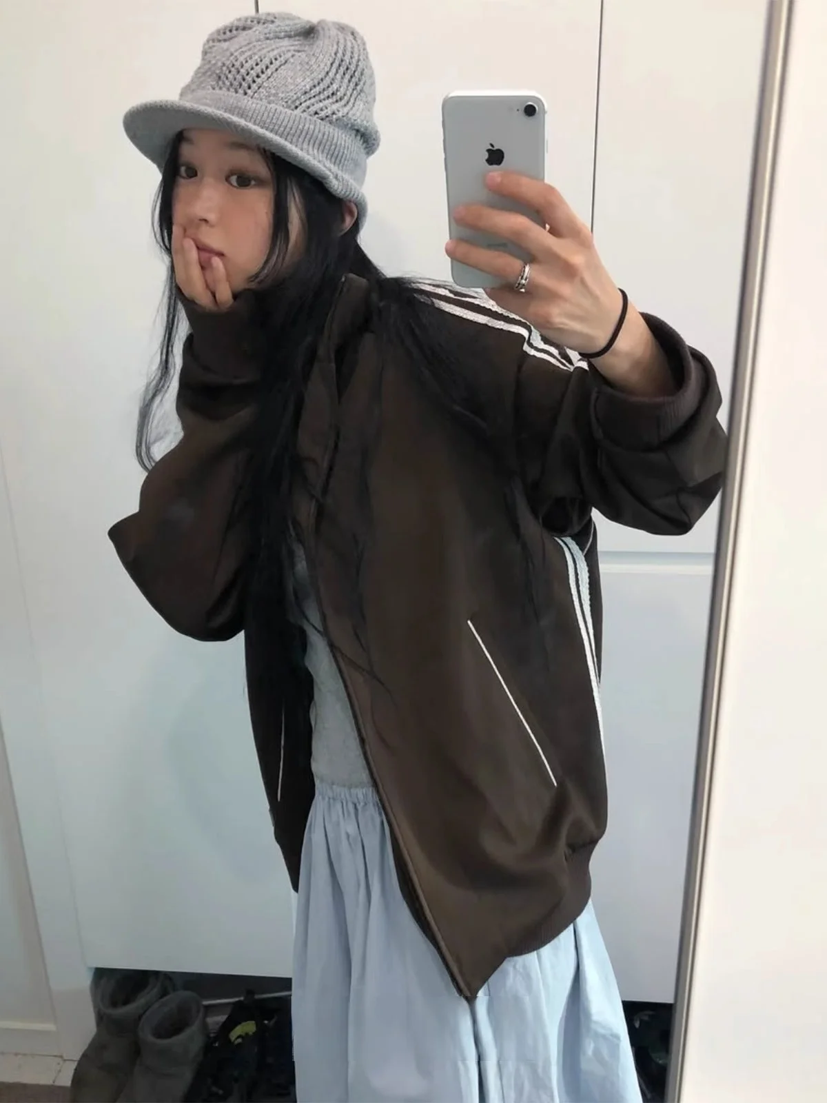 Retro Japanese Style Lace Trim Striped Zipper Collar Sporty Casual Versatile Women's Outerwear Spring Summer Unique SEI