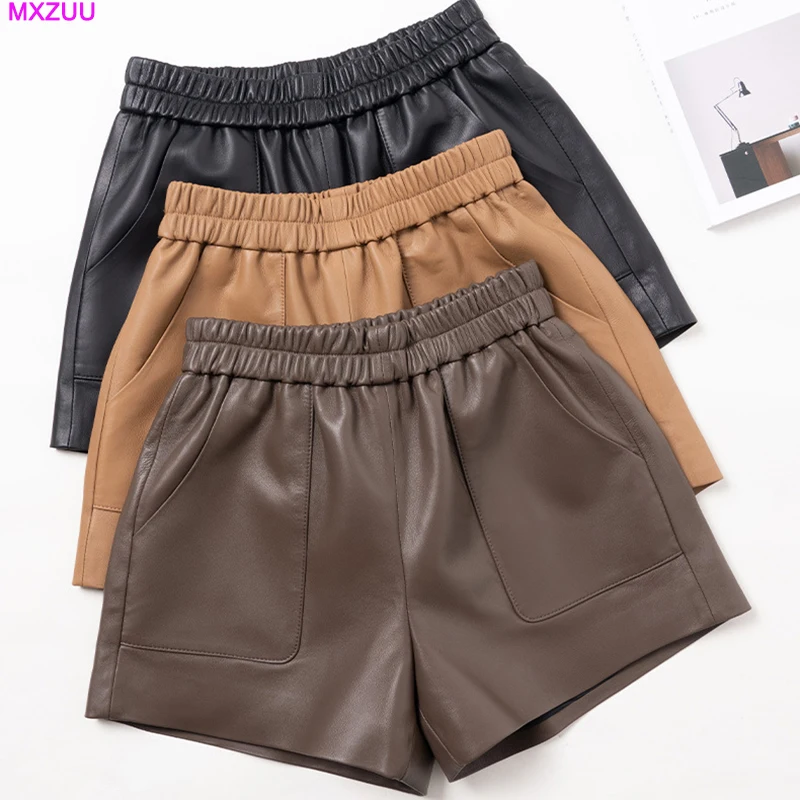 New Leather Shorts Spring Autumn Women Real Sheepskin Khaki/Chocolate Elastic Waist Pocket Slim Wide Leg Pants Pantacourt Femme