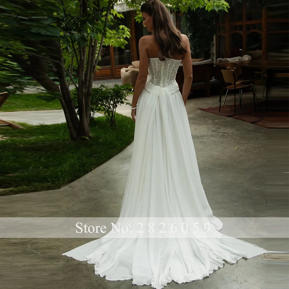 Lceland Poppy Customized A Line Strapless Chiffon Wedding Dresses Floor Length Illusion Beaded Bridal Gowns with Court Train