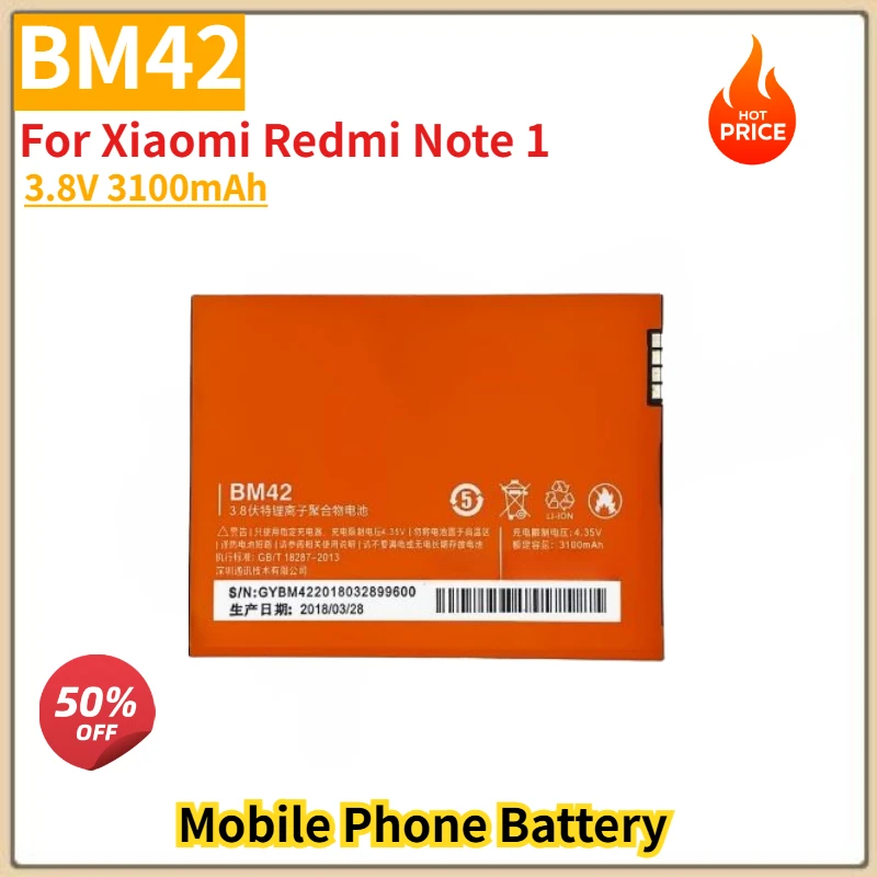 

BM42 High Quality Phone Battery 3.8V 3100mAh For Xiaomi Redmi Note 1 Brand New Replacement Battery