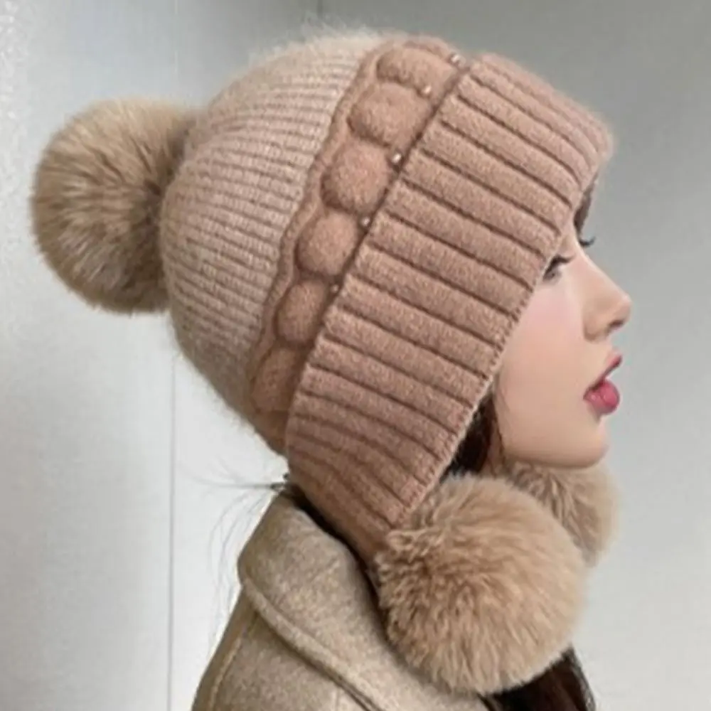 

Warm Thickened Knitted Hat Ear Protection Windproof Bonnet Caps Coldproof Pearl-embellished Women's Beanies Autumn Winter