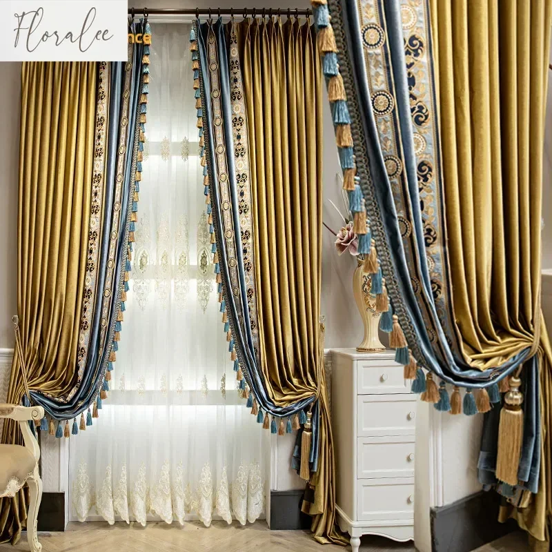 High-end European-style Luxury Curtains for Bedroom Living Room American Golden and Blue Shading Velvet Villa Customization