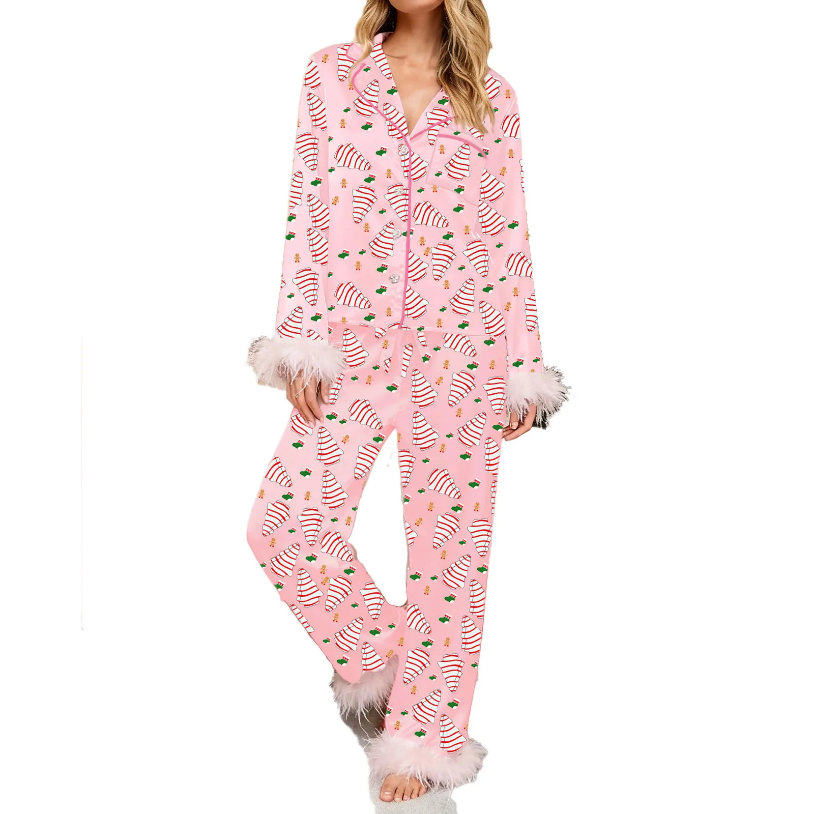 

Женский рождественский пижамный комплект с длинными рукавами и лацканами Санта-Клаус/Рождественская елка/Бант с принтом Рубашка Брюки Пижамы