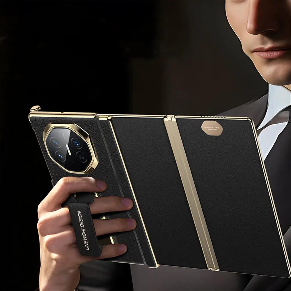 Premium-Klapphülle aus natürlichem Rindsleder mit doppeltem Scharnier für Huawei Mate XT XTs, Armbandhalter-Abdeckung