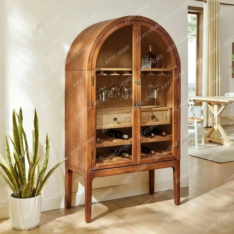 XX solid wood arched wine cabinet, living room glass door, rattan woven display cabinet, upright storage cabinet