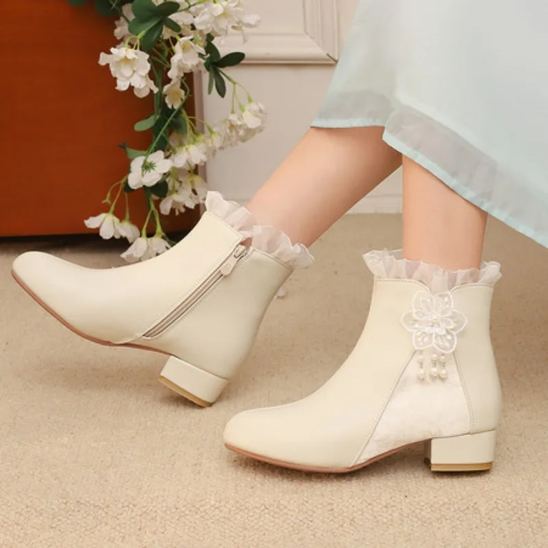 

2025 Winter New Ethnic Pink White Women Ankle Boots Round Toe Med Heel Lady Dress Shoes Plus Small Big Size 43