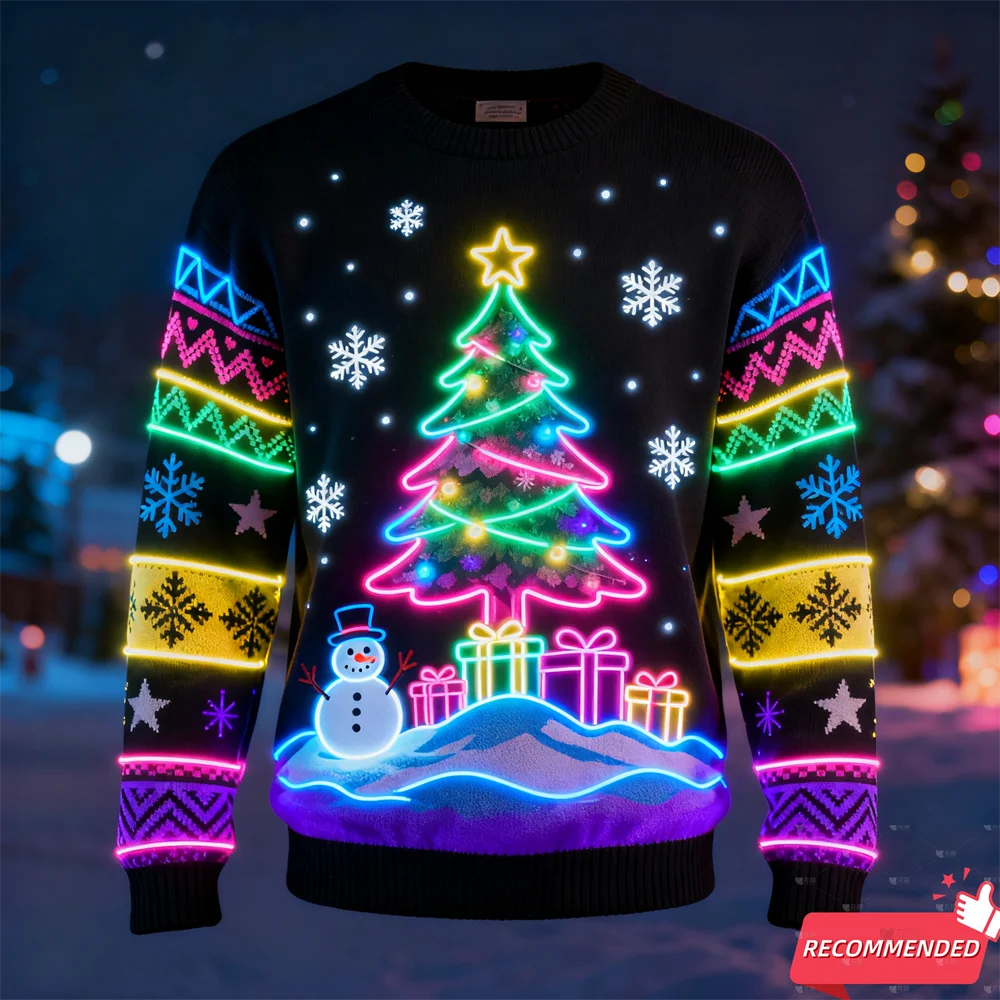 

Поддельный неоновый снеговик с 3D принтом, уродливый рождественский свитер для мужчин и женщин, одежда, забавные толстовки с рисунком рождественской елки, повседневные топы с круглым вырезом