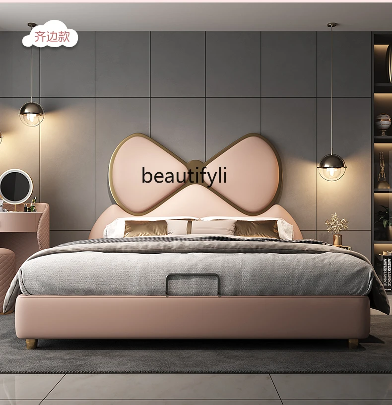 

High-end Modern Light Luxury Bow Pink Solid Wood Leather Bed Girl Bedroom Princess Luxury Bed