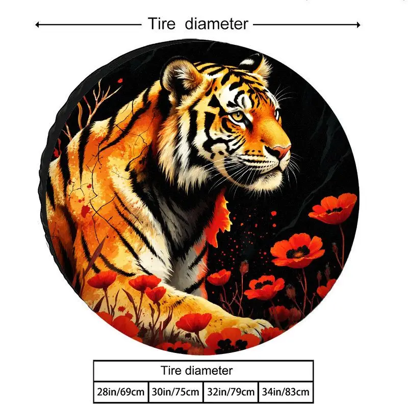 Domineering Tiger And Vibrant Red Flower Themed Polyester Tire Covers, High-Definition Print Sun And Dust Protection, Wear-Resis