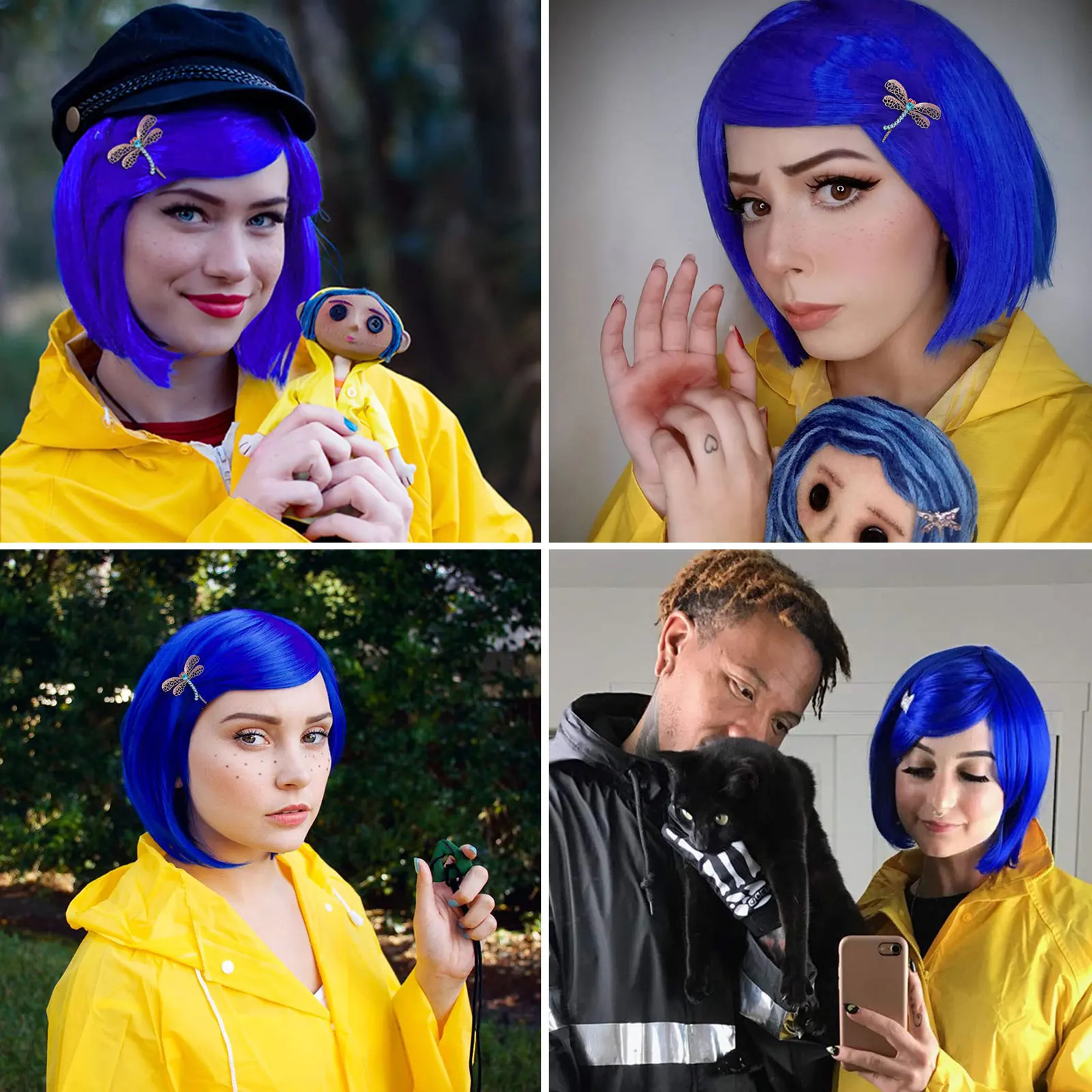 Synthetic Coraline Blue Wig Short Straight Bob Wig Heat Resistant Synthetic Wigs for Halloween Cosplay Party