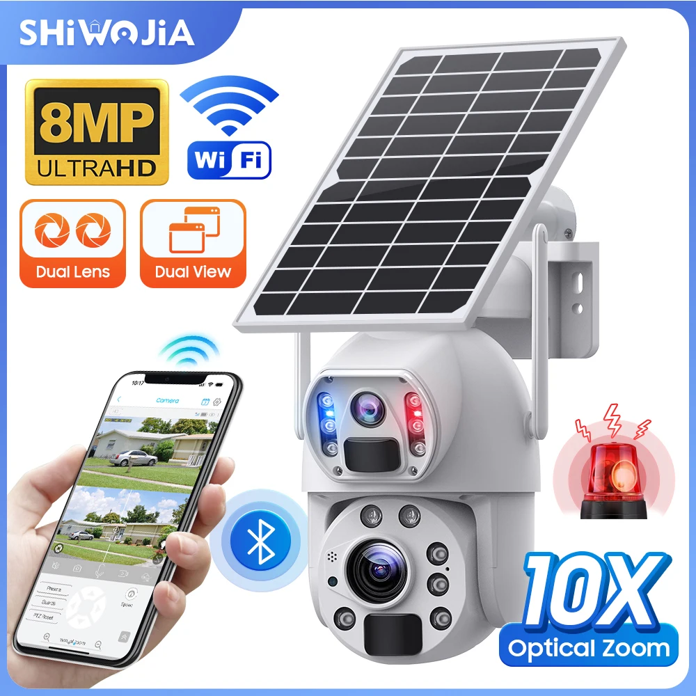 

SHIWOJIA 4K 8MP WIFI Solar Panel Camera 4G SIM 10X Zoom Dual Lens Security Battery Camera Humanoid Tracking Color Night Vision