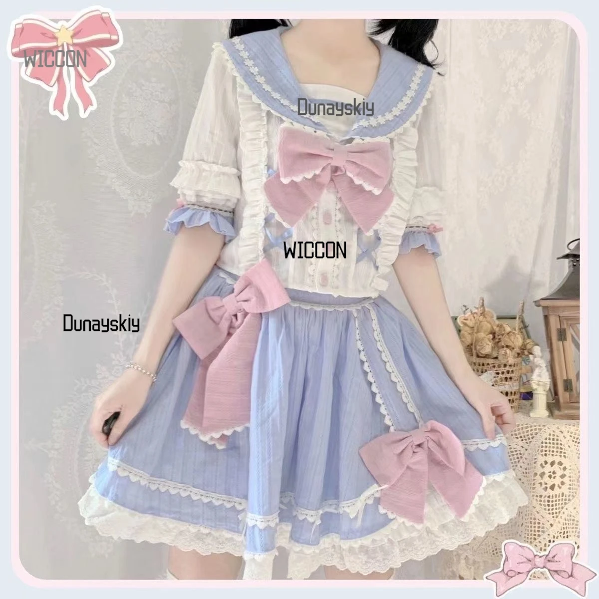 القوس ساكورا فساتين لوليتا حقيقية الصيف القطن قصير الأكمام JK لو تنورة مطوي كشكش حافة بحار دعوى OP فستان الأميرة