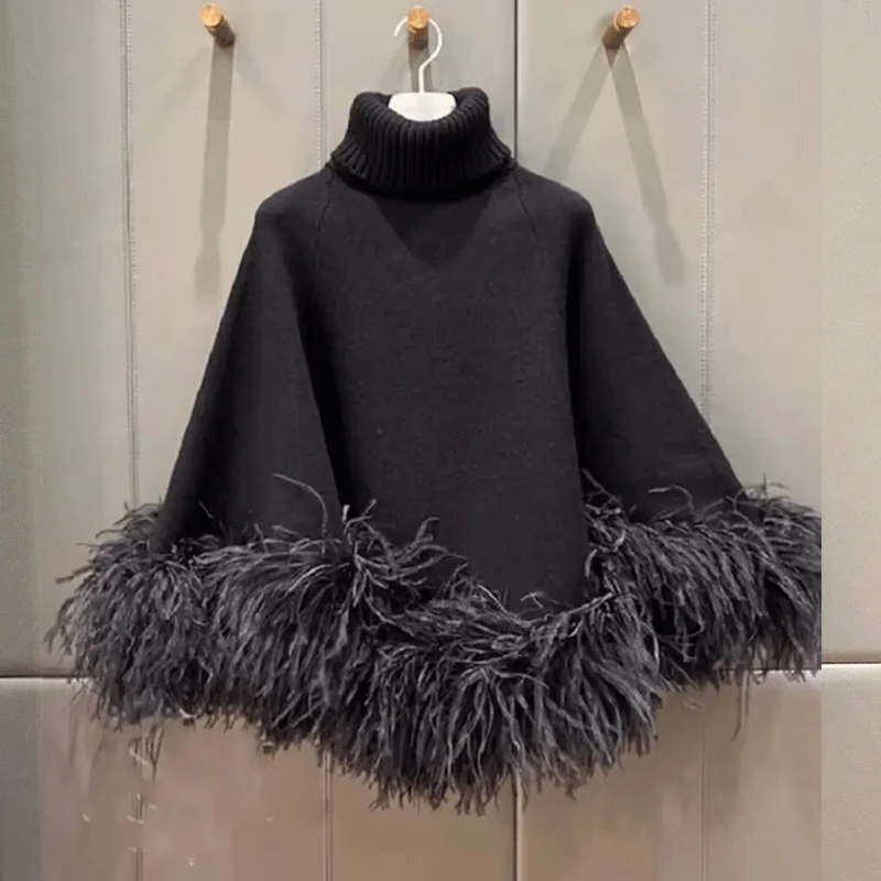 

Black Versatile Plush Splicing Cape Women's Sweater Jacket Autumn Loose Turtleneck Warm Knitted Outerwear Casual Female Clothing
