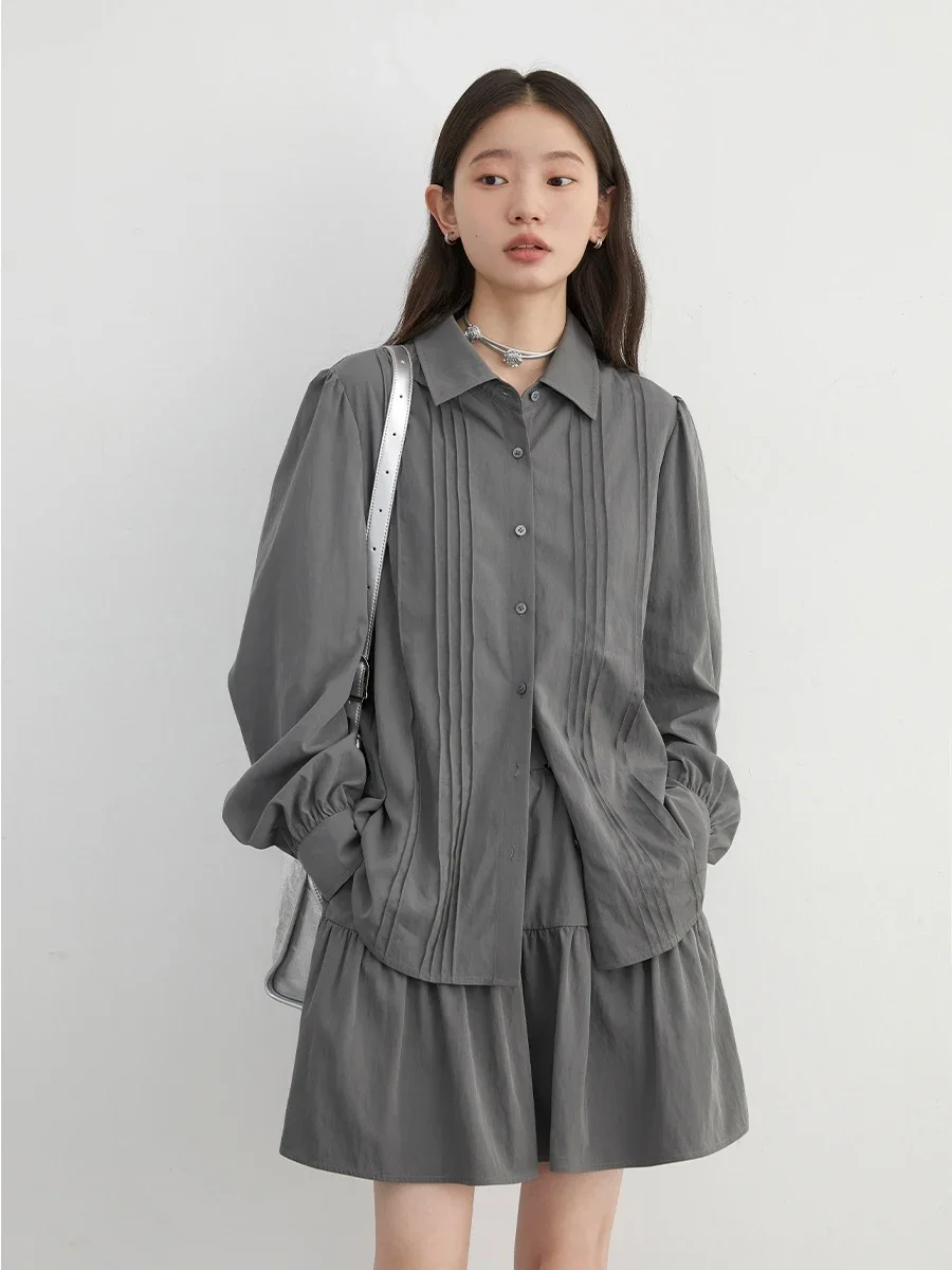 CHIC VEN Women Skirt Set Loose Casual New Textured Pleated Long Sleeved Shirts A-line Female Blouse Spring Autumn 2024