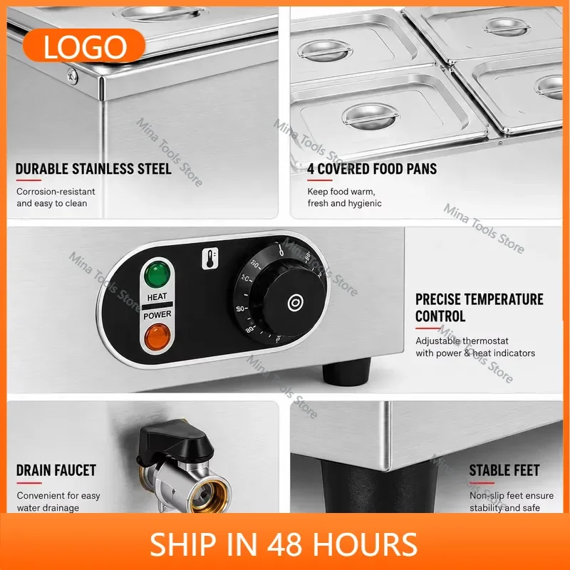 Commercial Bain Marie Electric Soup Warmer 4 Pan Stainless Steel Buffet Food Warmer with Drain Faucet 220V 1500W