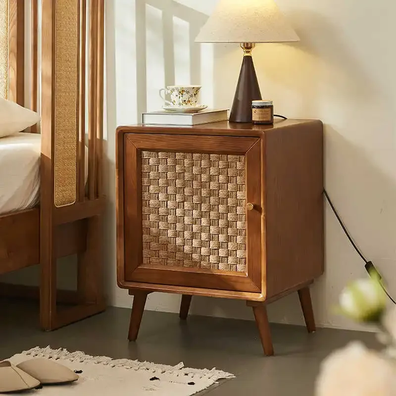 

Solid wood bedside table Modern simple bedroom storage locker Rattan small apartment household mini small shelf