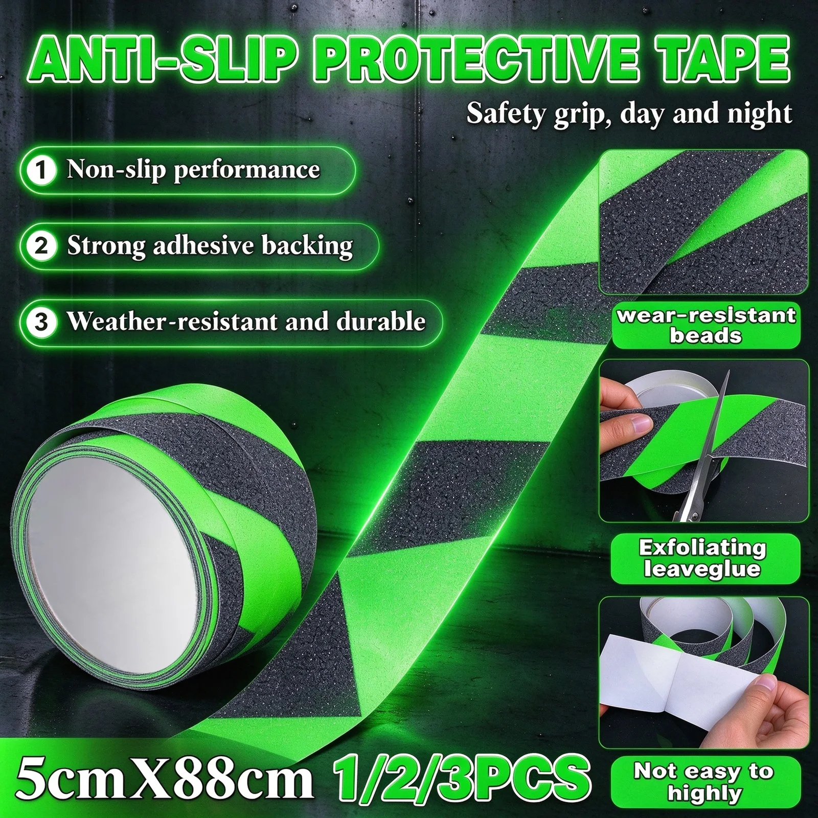 Green Black Indoor and Outdoor Stair Safety Anti-Slip Tape, Gray, Glows in the Dark, 5cm X 5m, Self-Adhesive, Easy to Install