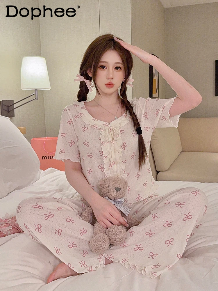 

Sweet Girl Ins Summer New Bow Print Pajamas Cute Round Neck Loose Casual Thin Short Sleeve Trousers Loungewear