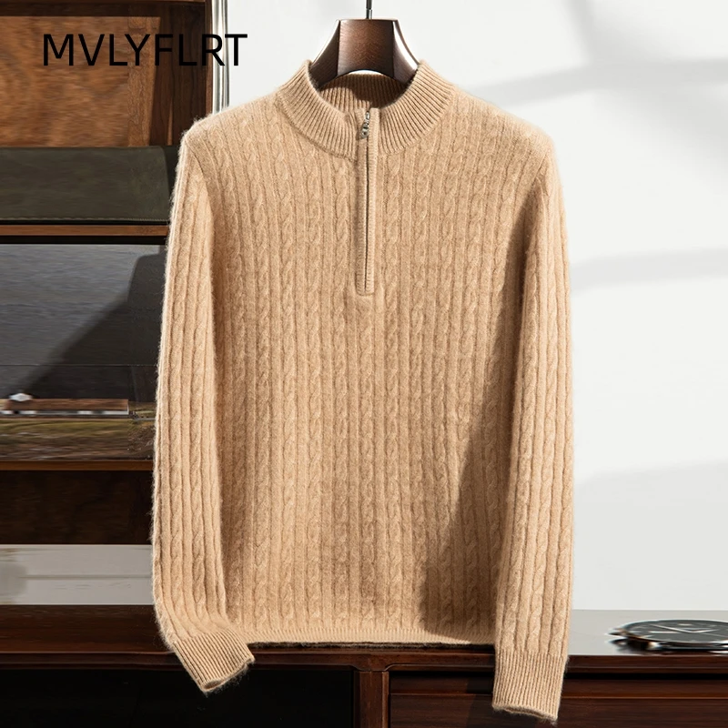 Men's Autumn Winter 100% Cashmere Half Zip Knitting Fried Dough Twist Pullover Casual Business Sweater Old Money Fashion