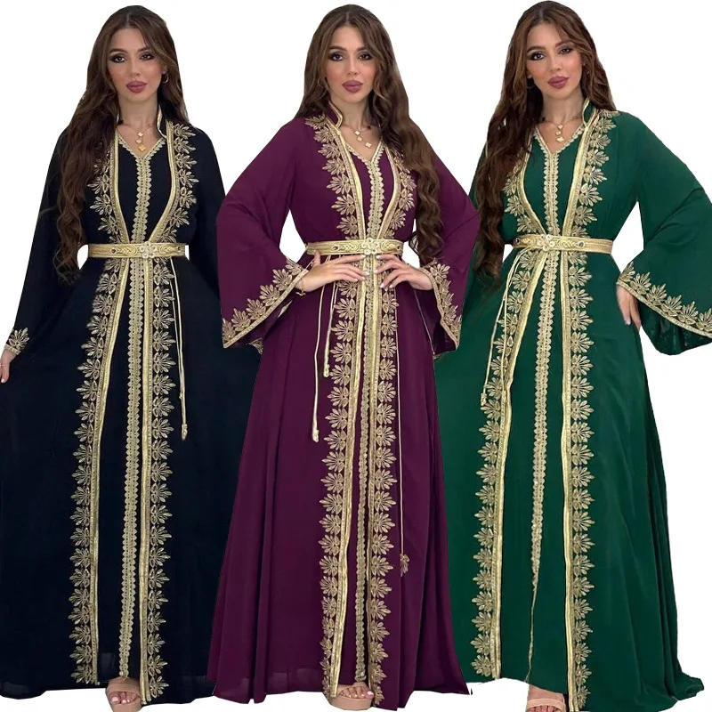 

Ramadan Arab Moroccan Muslim Dress Middle Eastern Luxury Women's Fashion Ribbon Robe Two Piece Set New Islamic Robe