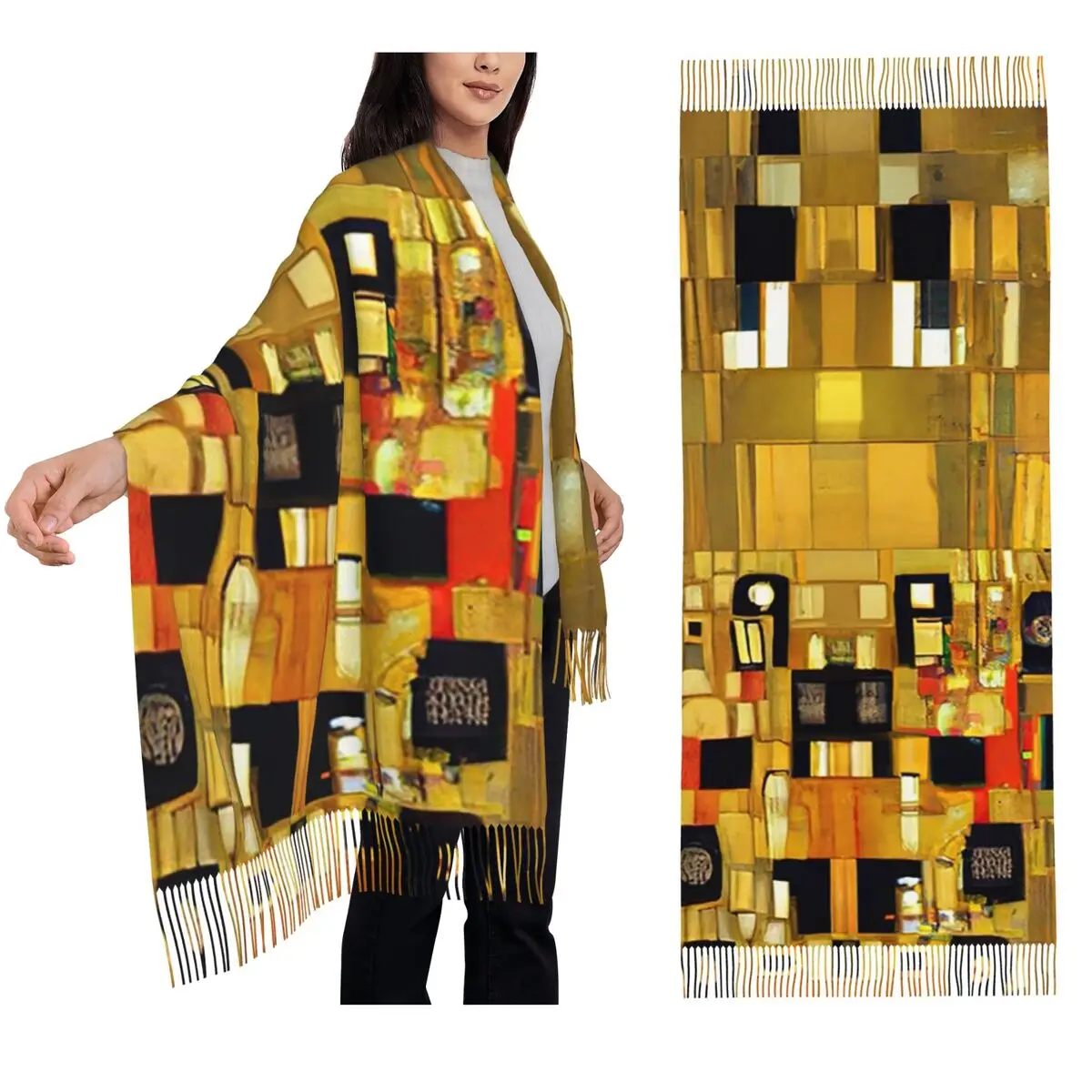 

Klimt шарф с золотым узором, шарфы с кисточками, женские мягкие теплые шали и накидки, большая осенне-зимняя шаль