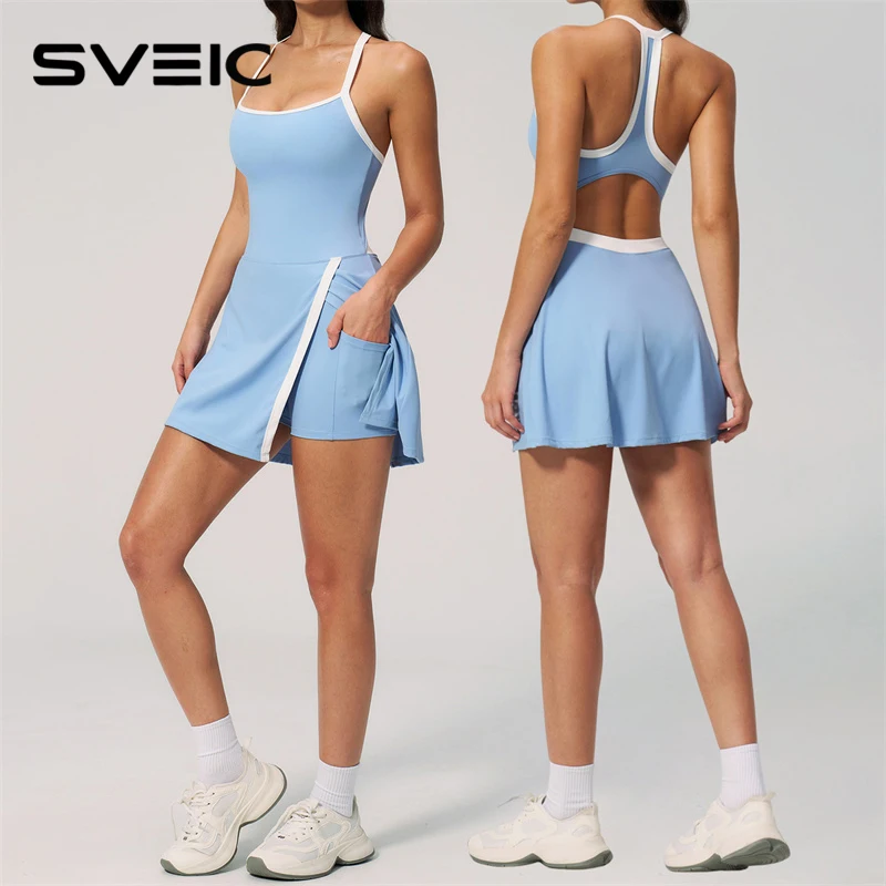 

SVEIC SwiftMove Women's Yoga Dress Gym Cutout Back Color Block Skort Built-in Shorts Pockets Fitness Workout Tennis Active Wears