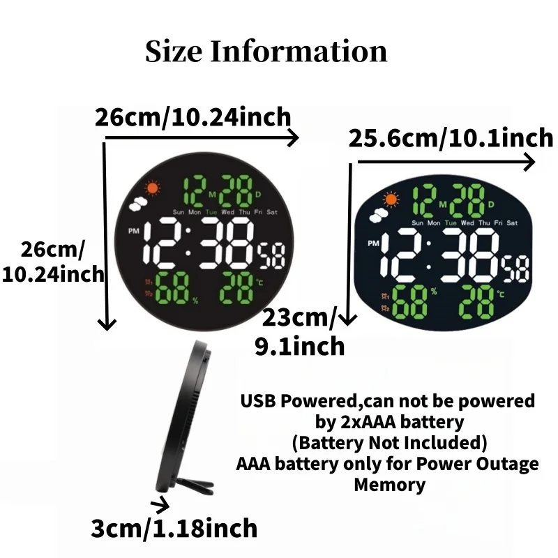 Weather Station Large Digital Wall Clock with TEMP Humidity Date 2 Alarm Night Mode Table Clock 12/24H LED Alarm Clock for Livin