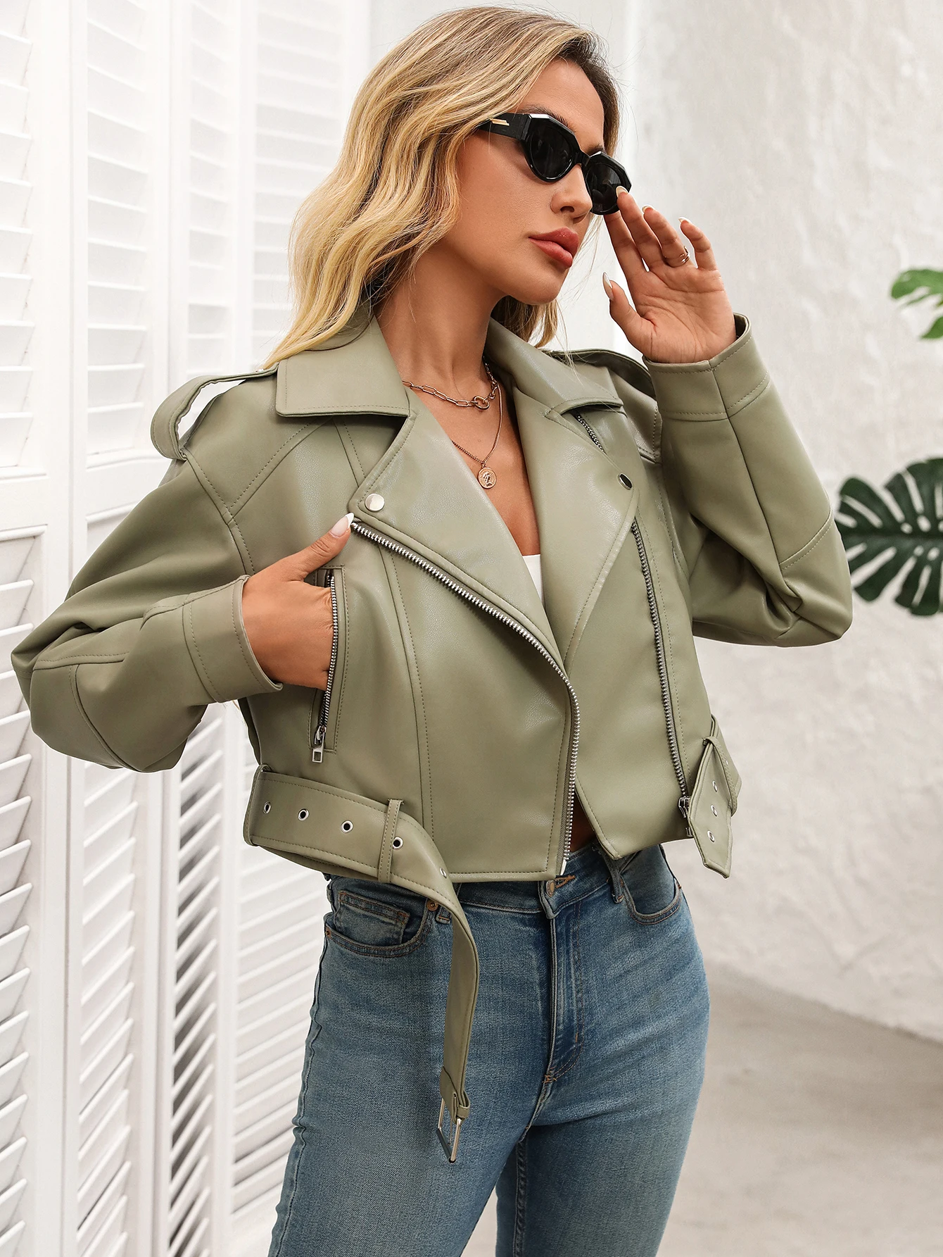 Fitaylor Women Faux Leather Jacket Lady Lapel Motorcycle Leather Outwear Casual Light Green Coat