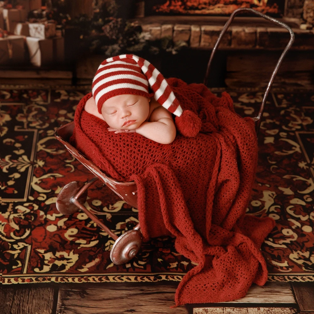 Świąteczny kocyk dla noworodka do rekwizytów fotograficznych X'mas Stretch Baby Blanket Striped Hat Red Doll Cotton Wrap Newborn Accessories