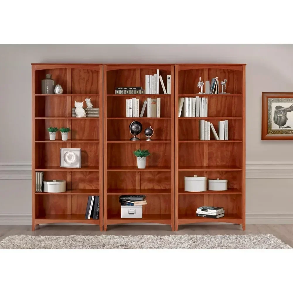 Style 6 Shelf Bookcase  Solid Wood  72 inch Tall   Adjustable Shelving  Closed Back Display Bookshelf  Bedroom,  Cherry