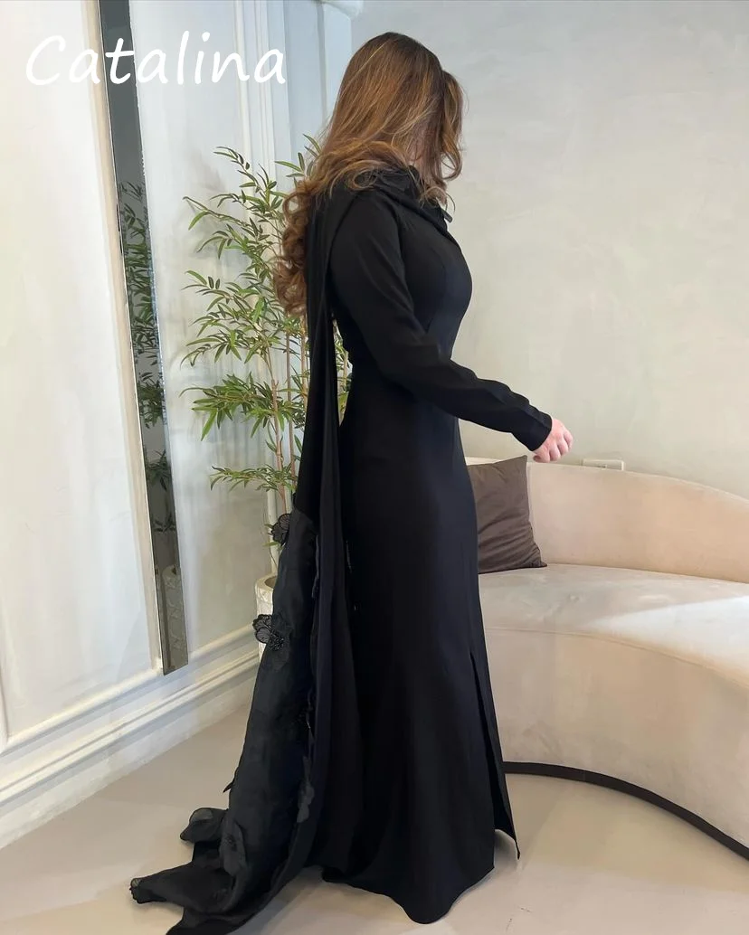 Luxury Prom Dresses Black Flower O Neck Long Sleeve A Line Evering Dress For Woman Custom Saudi Arabia Formal Party Dress 2024