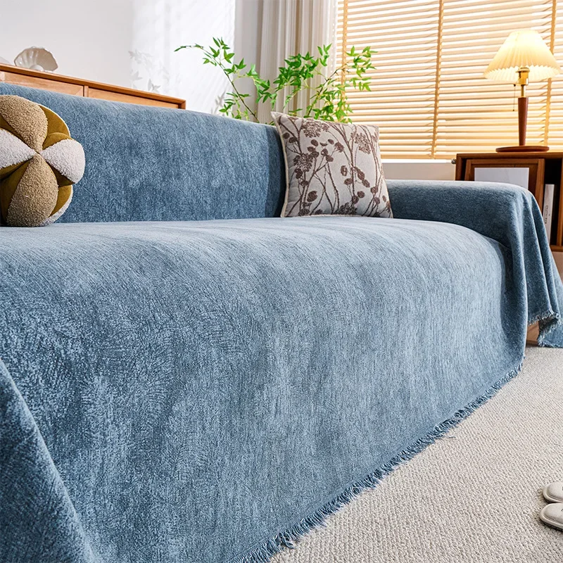 Simple Solid Color Chenille Sofa Towel Blue Full Sofa Covers Cloth Blanket Anti Slip Dustproof Wear-resistant Couch Slipcover
