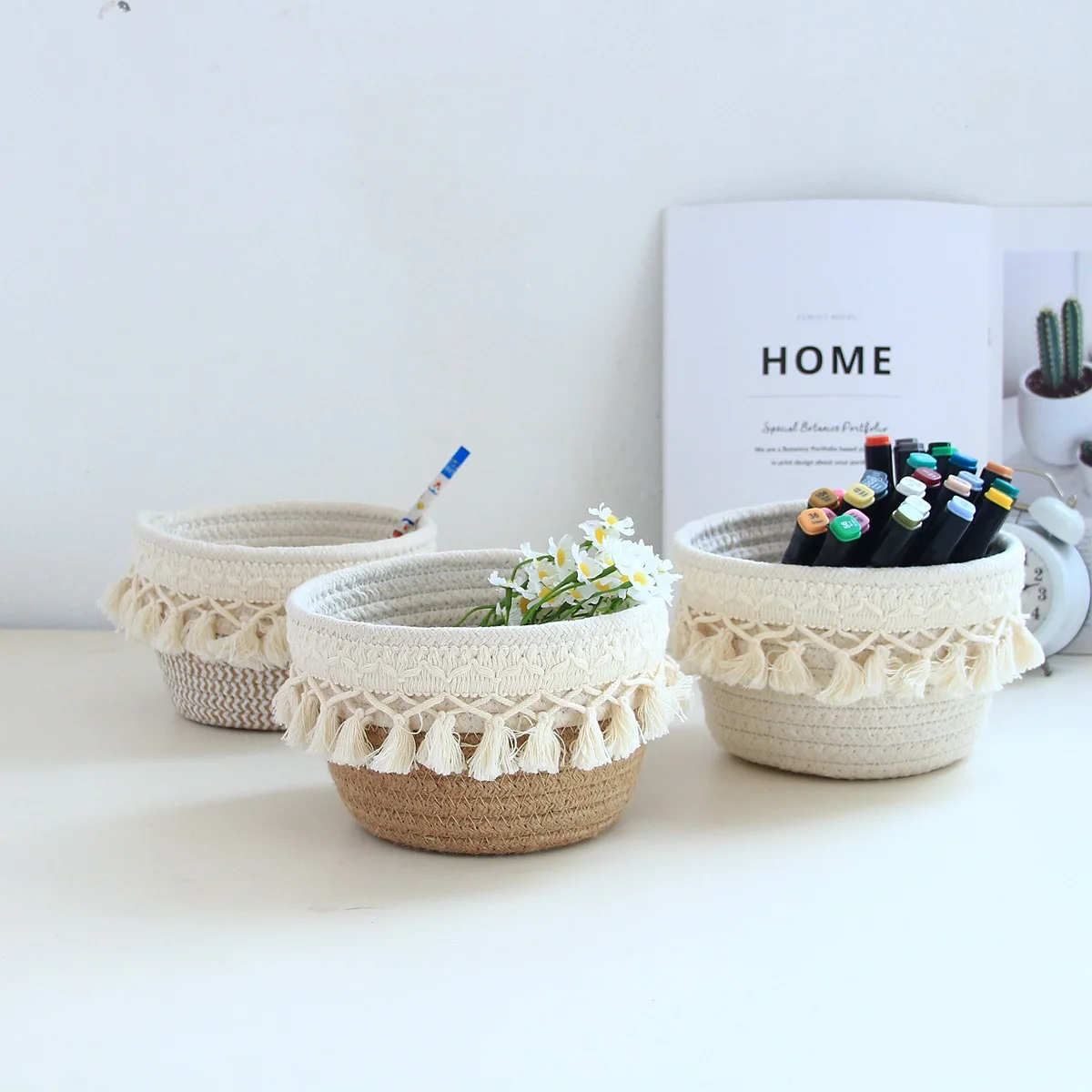 1pcs Minimalist Nordic Cotton Rope Study Pen Storage Box Home Desktop Miscellaneous Storage Basket Desk Office Small Pen Holder