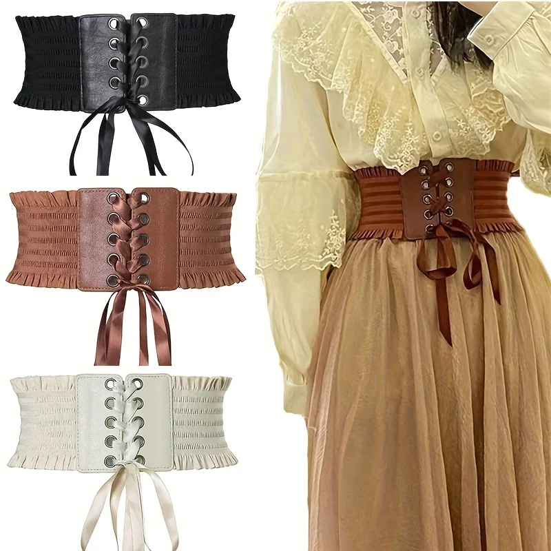 Elegant Ruffles Wide Belts Classic Solid Color Lace Up Waspie Belt Vintage Elastic Waistband Casual Dress Coat Girdle For Women