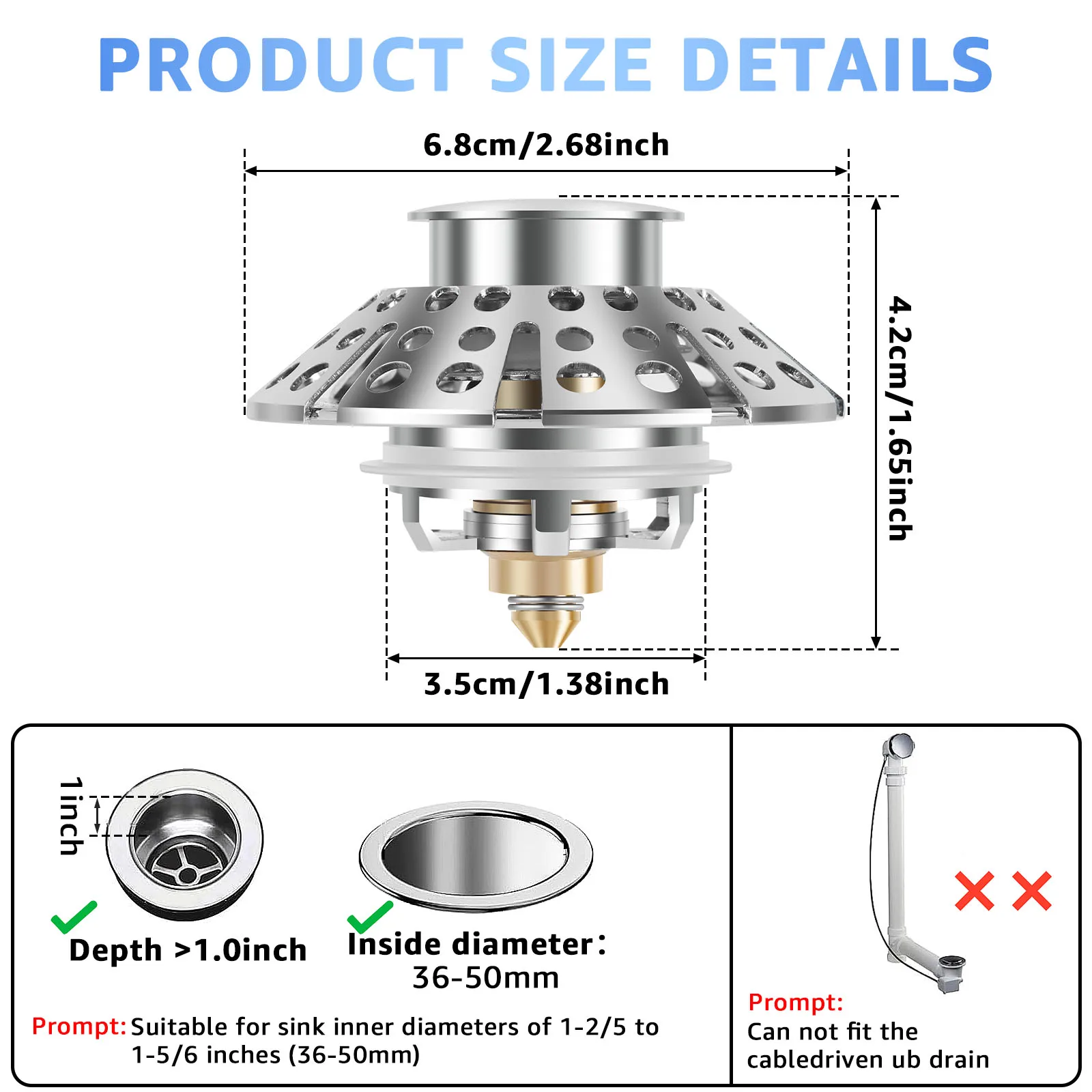 Bathtub Filter Sink 3 in 1 Leak-proof Pop Up Brass Sink Strainer Drain Basket Stopping Blockage Bouncing Core Stopper Bathroom