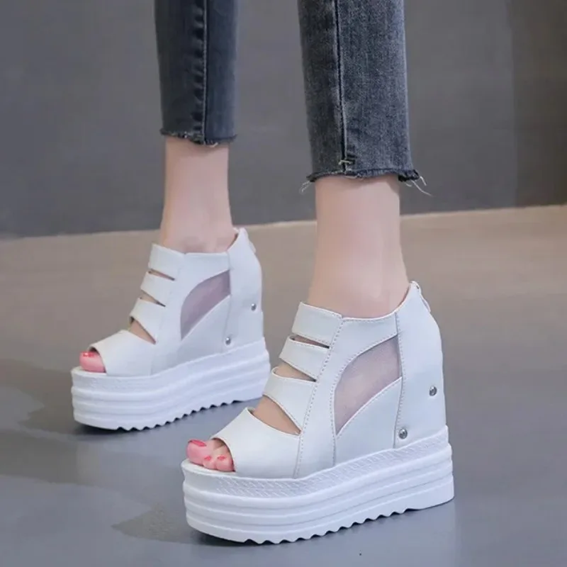 

12cm High Women Platform Sandal Wedges Leather Heeled Sandals for Woman Ncreased Thick Heel Hollow Gladiator Rome Sandal Zapatos