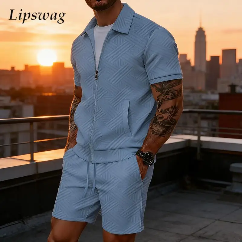 

Однотонные жаккардовые комплекты для мужчин: весенне-летняя повседневная рубашка-поло с коротким рукавом и шорты, модные свободные костюмы из двух предметов