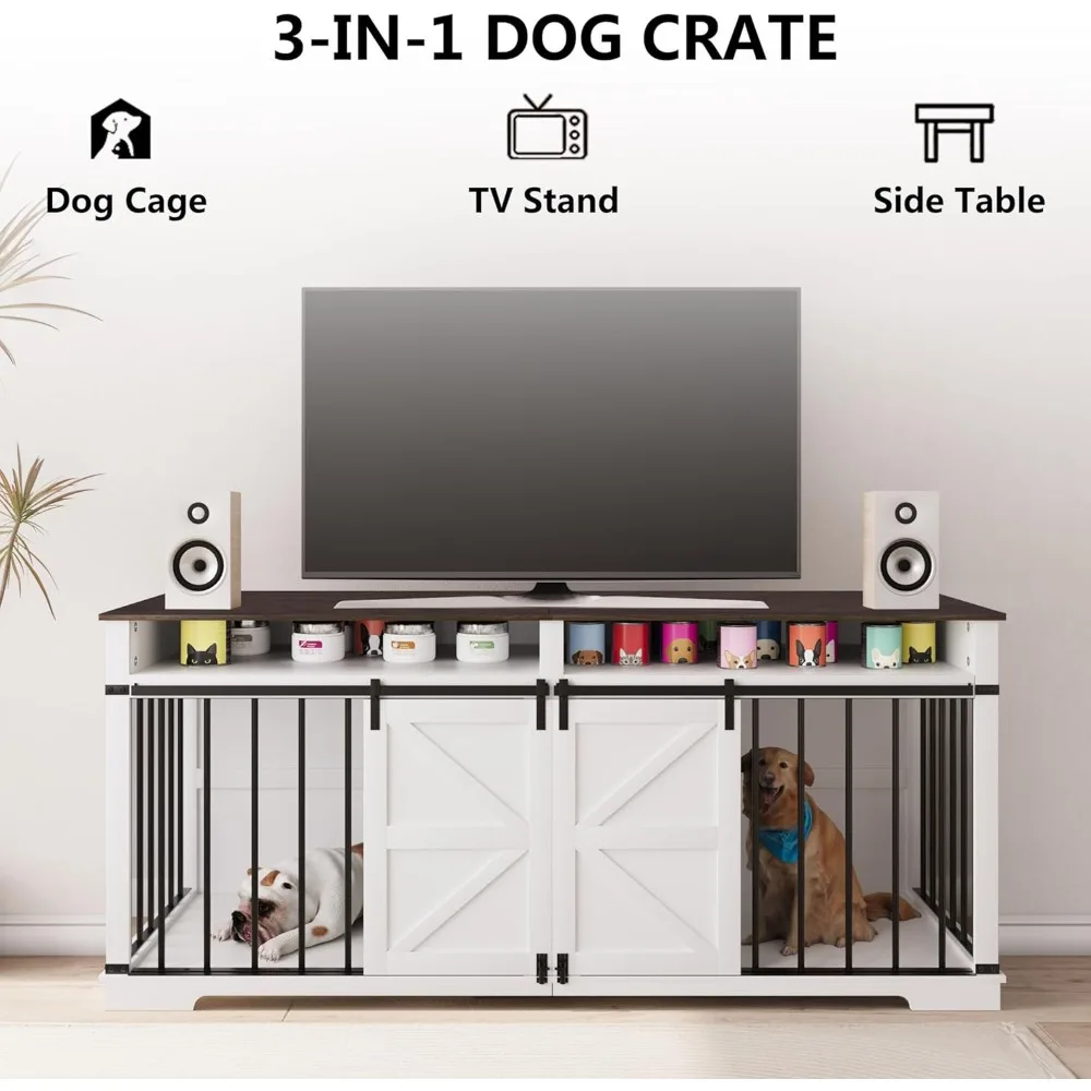 large double dog crate furniture 72.4" indoor dog kennel with sliding barn door and divider,heavy duty dog crate wooden tv stan