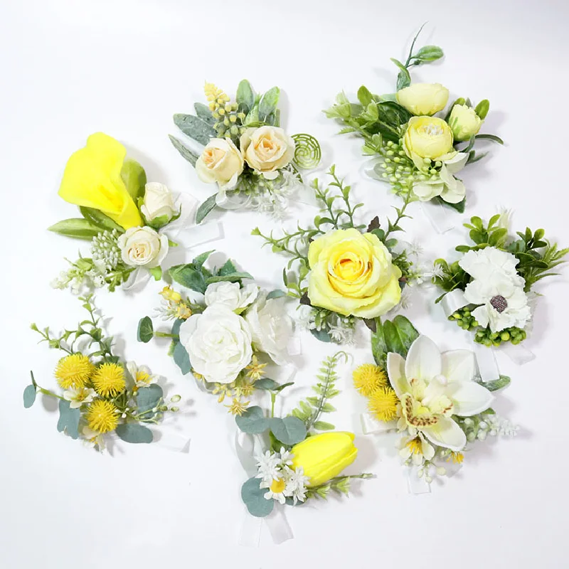 Boutonniere And Wrist Corsage Wedding Supplies Floral Simulation Flower Business Celebration Guests Yellow Series 460