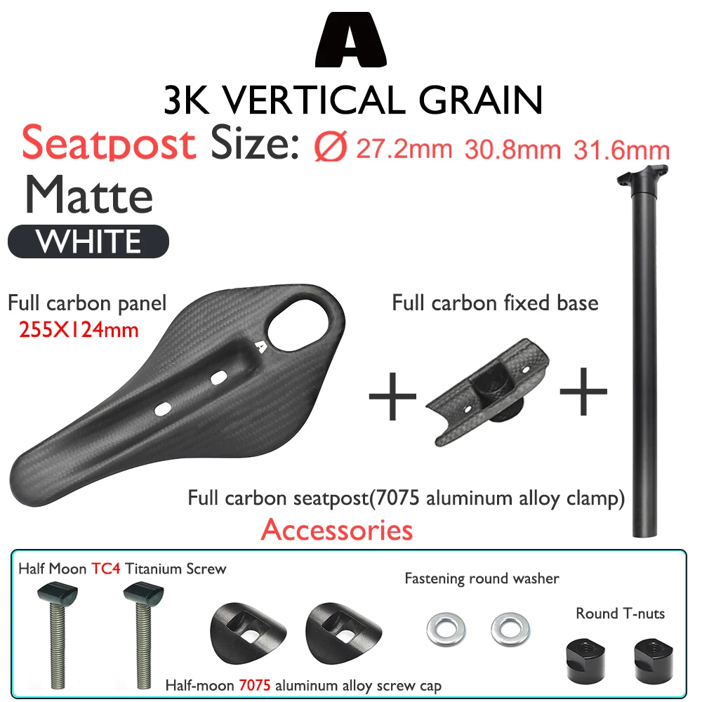 

A Series Saddle Seatpost Integrated System Full Carbon Prepreg Gravel Road Bike 255/124mm 27.2-31.6mm 400mm 3K Half Moon 100KG