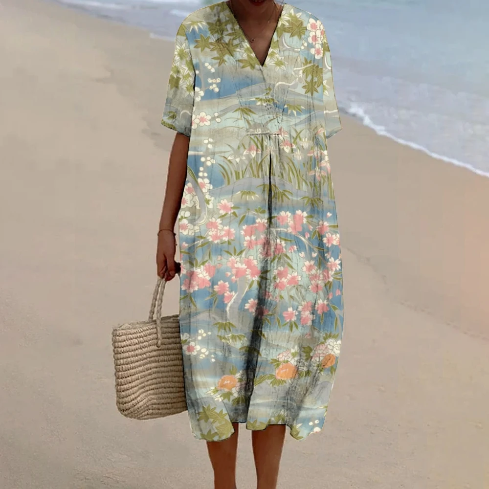 

Blooming Flowers Print Beach Dress Women's Beach Flower-Adorned Dresses Casual Breezy Dress Featuring Colorful Flower Prints